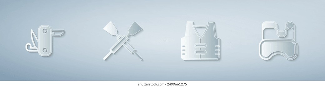 Set Swiss army knife, Crossed oars or paddles boat, Fishing jacket and Diving mask. Paper art style. Vector