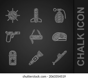 Die Schweizer Armee Messer, Flashlight, U-Boot, Militärische Beret, Chevron, Pistol oder Pistole, Handgranate und Naval Minen Ikone. Vektorgrafik