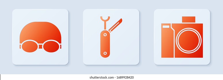 Set Swiss army knife, Glasses and cap for swimming and Photo camera for diver. White square button. Vector