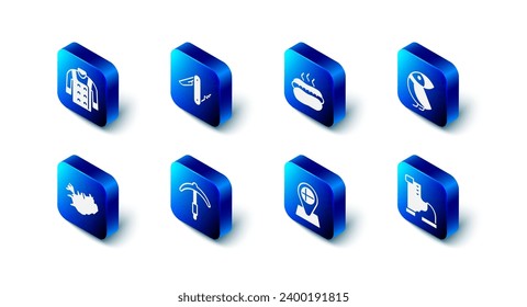Set Swiss army knife, Hotdog sandwich, Albatross, Winter warm boot, Location flag Iceland, Pickaxe, Map of and Sweater icon. Vector