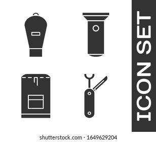 Set Swiss army knife, Lift bag, Backpack and Flashlight icon. Vector