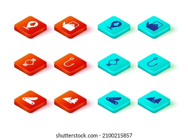 Set Swiss army knife, Mountains with tree, Smartwatch, Fishing hook, Kettle handle and Location of the forest icon. Vector