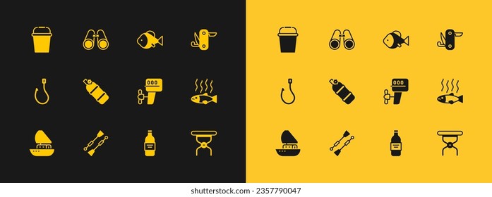 Set Swiss army knife, Oars or paddles boat, Outboard motor, Bottle of vodka, Aqualung, Fish, Fishing bucket and Binoculars icon. Vector