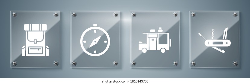 Set Swiss army knife, Rv Camping trailer, Compass and Hiking backpack. Square glass panels. Vector