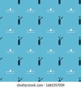 Set Swiss Army Knife And Shark Fin In Ocean Wave On Seamless Pattern. Vector