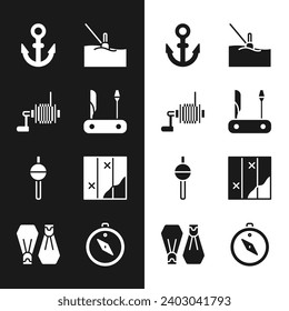 Set Swiss army knife, Spinning reel for fishing, Anchor, Fishing float water, Folded map, Compass and Rubber flippers swimming icon. Vector