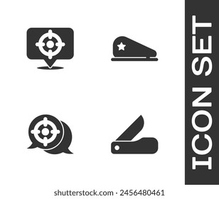 Set cuchillo del ejército suizo, deporte objetivo, y boina militar icono. Vector