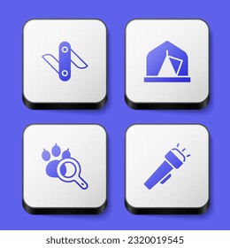 Set Swiss army knife, Tourist tent, Paw search and Flashlight icon. White square button. Vector