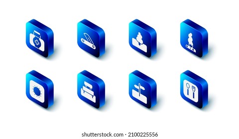Set Swiss army knife, Tree, Campfire, Fork and spoon, Road traffic sign, Bench, Sun and First aid kit icon. Vector