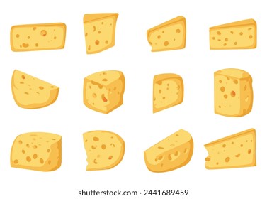 Set of Swiss cheese or emmental cheese icons isolated on white background, vector illustration