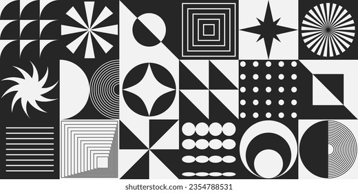 Set Of Swiss Design Inspired Background Vector Illustration. Cool Geometric Abstract Modernist Placard. Avant-garde Geometrical Illustration. Contemporary Art Bauhaus Shapes.