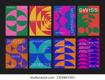 Set Of Swiss Design Inspired Background Vector Illustration. Cool Geometric Abstract Modernist Placard. Avant-garde Geometrical Illustration. Contemporary Art Bauhaus Shapes.