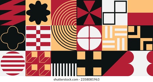 Set Of Swiss Design Inspired Background Vector Illustration. Cool Geometric Abstract Modernist Placard. Avant-garde Geometrical Illustration. Contemporary Art Bauhaus Shapes.