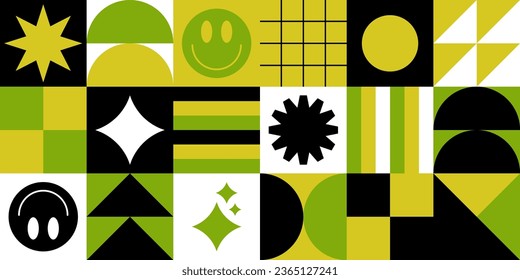 Set Of Swiss Design Inspired Background Vector Illustration. Cool Geometric Abstract Modernist Placard. Avant-garde Geometrical Illustration. Contemporary Art Bauhaus Shapes.