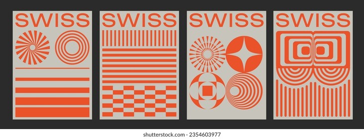 Set Of Swiss Design Inspired Posters Vector Illustration. Cool Geometric Abstract Modernist Placards. Avant-garde Geometrical Illustration. Contemporary Art Bauhaus Shapes.