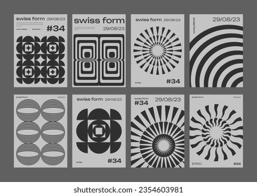 Set Of Swiss Design Inspired Posters Vector Illustration. Cool Geometric Abstract Modernist Placards. Avant-garde Geometrical Illustration. Contemporary Art Bauhaus Shapes.