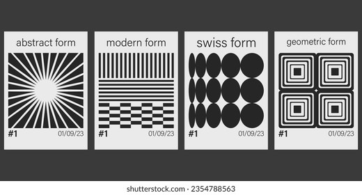 Set Of Swiss Design Inspired Posters Vector Illustration. Cool Geometric Abstract Modernist Placards. Avant-garde Geometrical Illustration. Contemporary Art Bauhaus Shapes.