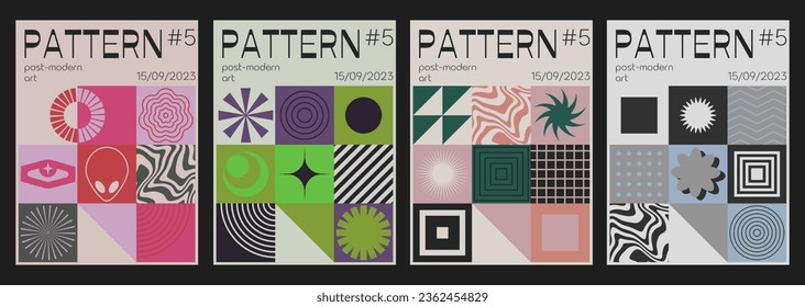 Set Of Swiss Design Inspired Posters Vector Illustration. Cool Geometric Abstract Modernist Placards. Avant-garde Geometrical Illustration. Contemporary Art Bauhaus Shapes.