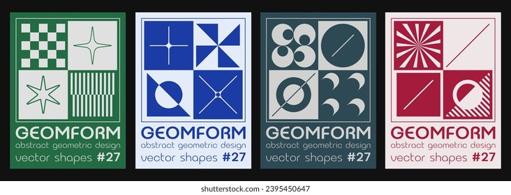 Set Of Swiss Design Inspired Posters Vector Illustration. Cool Geometric Abstract Modernist Placards. Avant-garde Geometrical Illustration. Contemporary Art Bauhaus Shapes.