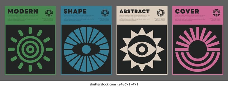 Set Of Swiss Design Inspired Posters Vector Illustration. Cool Geometric Abstract Modernist Placards. Avant-garde Geometrical Illustration. Contemporary Art Shapes.