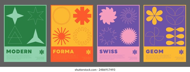 Set Of Swiss Design Inspired Posters Vector Illustration. Cool Geometric Abstract Modernist Placards. Avant-garde Geometrical Illustration. Contemporary Art Shapes.