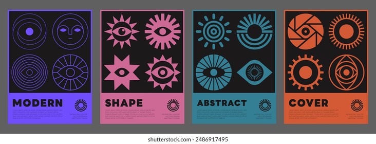 Set Of Swiss Design Inspired Posters Vector Illustration. Cool Geometric Abstract Modernist Placards. Avant-garde Geometrical Illustration. Contemporary Art Shapes.