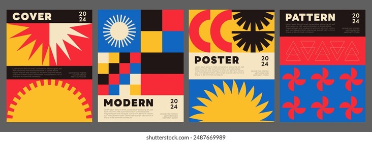 Set Of Swiss Design Inspired Posters Vector Illustration. Cool Geometric Abstract Modernist Placards. Avant-garde Geometrical Illustration. Contemporary Art Shapes.