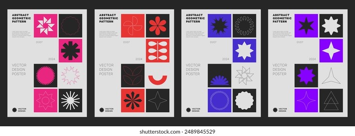 Set Of Swiss Design Inspired Posters Vector Illustration. Cool Geometric Abstract Modernist Placards. Avant-garde Geometrical Illustration. Contemporary Art Shapes.