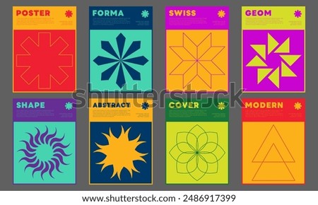 Set Of Swiss Design Inspired Posters Vector Illustration. Cool Geometric Abstract Modernist Placards. Avant-garde Geometrical Illustration. Contemporary Art Shapes.