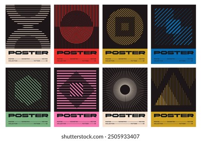 Set Of Swiss Design Posters. Minimalistic Bauhaus style posters with geometric shapes, lines and text template. Avant garde flyers. Abstract vector illustration collection isolated on white background