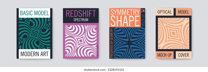 Set of Swiss design posters. Simple brutalism geometric composition. Op art striped optical illusion. Vector template