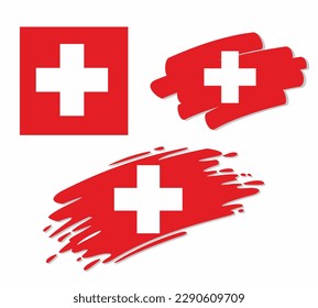 Set von Schweizer Flaggen in verschiedenen Stilen - korrekt, bürsten, markieren und swoosh Design. Stellt den Staat Schweiz dar.