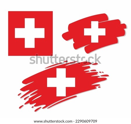 Set of swiss flags, in different styles - correct, brush, marker and swoosh design. Represents the state of Switzerland.