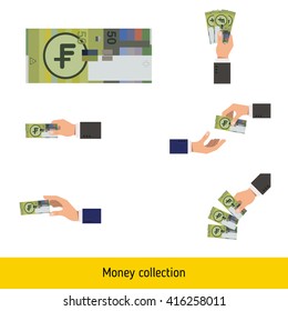 Set of swiss franc. Holding, throwing swiss franc.