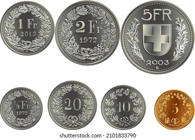 Juego de monedas de francos suizos, moneda oficial en Suiza, caras inversas con escudo de armas federal, valor, año, ramas de plantas