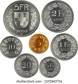 Set of Swiss Francs money, official coin in Switzerland, reverse faces with federal coat of arms, value, year, branches of plants