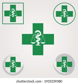 Juego de iconos de la farmacia suiza con símbolo del Caduceus en colores verdes - Símbolo de la Cruz suiza