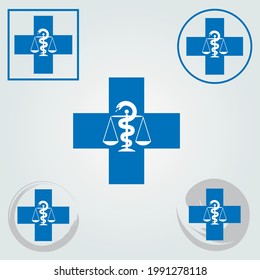 Set of Swiss Pharmacy Icons with Caduceus Symbol in Blue Colors - Swiss Cross Symbol