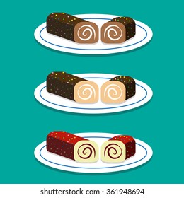 Set of Swiss roll on dish in flat style, vector