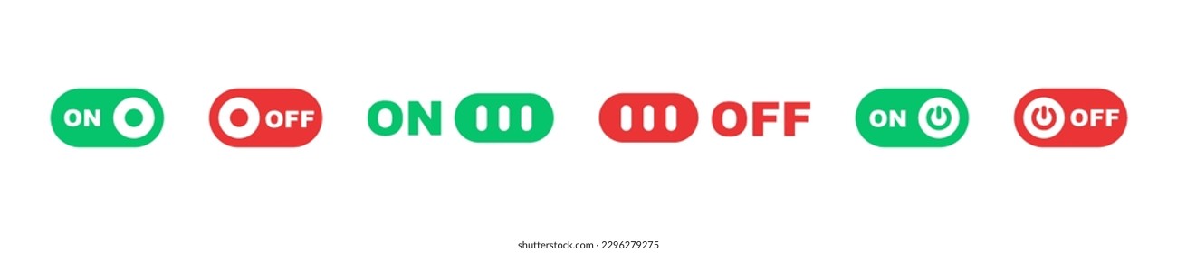 Set of switch button vector icons. Slider or toggle. Green and red on and off button. Active or inactive panel. 