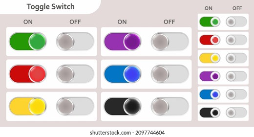 A set of switch buttons with glass flare effect. 3 D. Vector illustration.