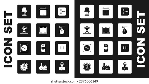 Set Switch in electronic circuit, Laptop, Electric tower line, Table lamp, Computer mouse, Car battery, Electrolytic capacitor and AC voltage source icon. Vector