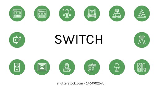 Set of switch icons such as Slider, Table lamp, Router, Voltage, Computer tower, Socket, Electrician, Adjustment, Power strip, Lever , switch