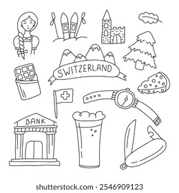Set Schweizer Country Elemente im Doodle-Stil. Vektor einzeln auf weißem Hintergrund.