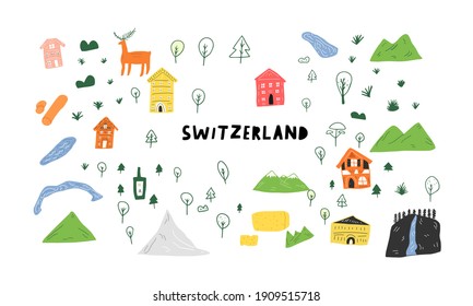 Set of Switzerland elements vector illustration eps 10. Travel concept. Doodle line art style switzerland elements