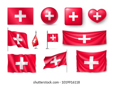 Set Switzerland flags, banners, banners, symbols, flat icon. Vector illustration of collection of national symbols on various objects and state signs