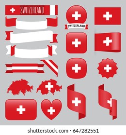 Set of Switzerland maps, flags, ribbons, icons and buttons with different shapes.