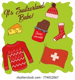 Set of Switzerland signs. Swiss icon set. Hand drawn bar of chocolate, national flag, cheese, sweater, hat, sock, building. It's Switzerland, babe!