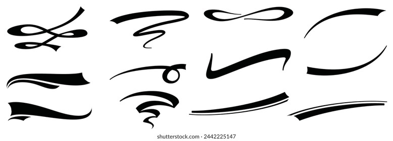  Set of Swoosh and swoop underline typography tails shape in flat styles. Brush drawn curved smear. Hand drawn curly swishes, swash, twiddle. Vectors calligraphy doodle swirl on white background.Vecto