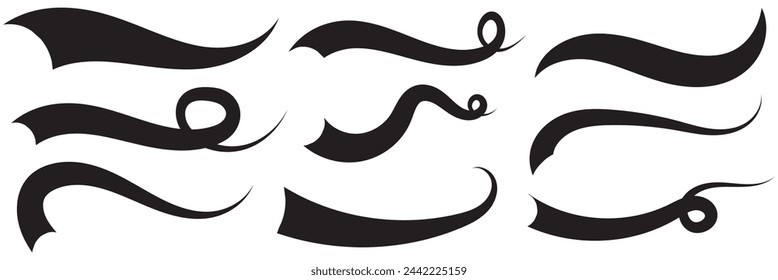  Set of Swoosh and swoop underline typography tails shape in flat styles. Brush drawn curved smear. Hand drawn curly swishes, swash, twiddle. Vectors calligraphy doodle swirl on white background.Vecto